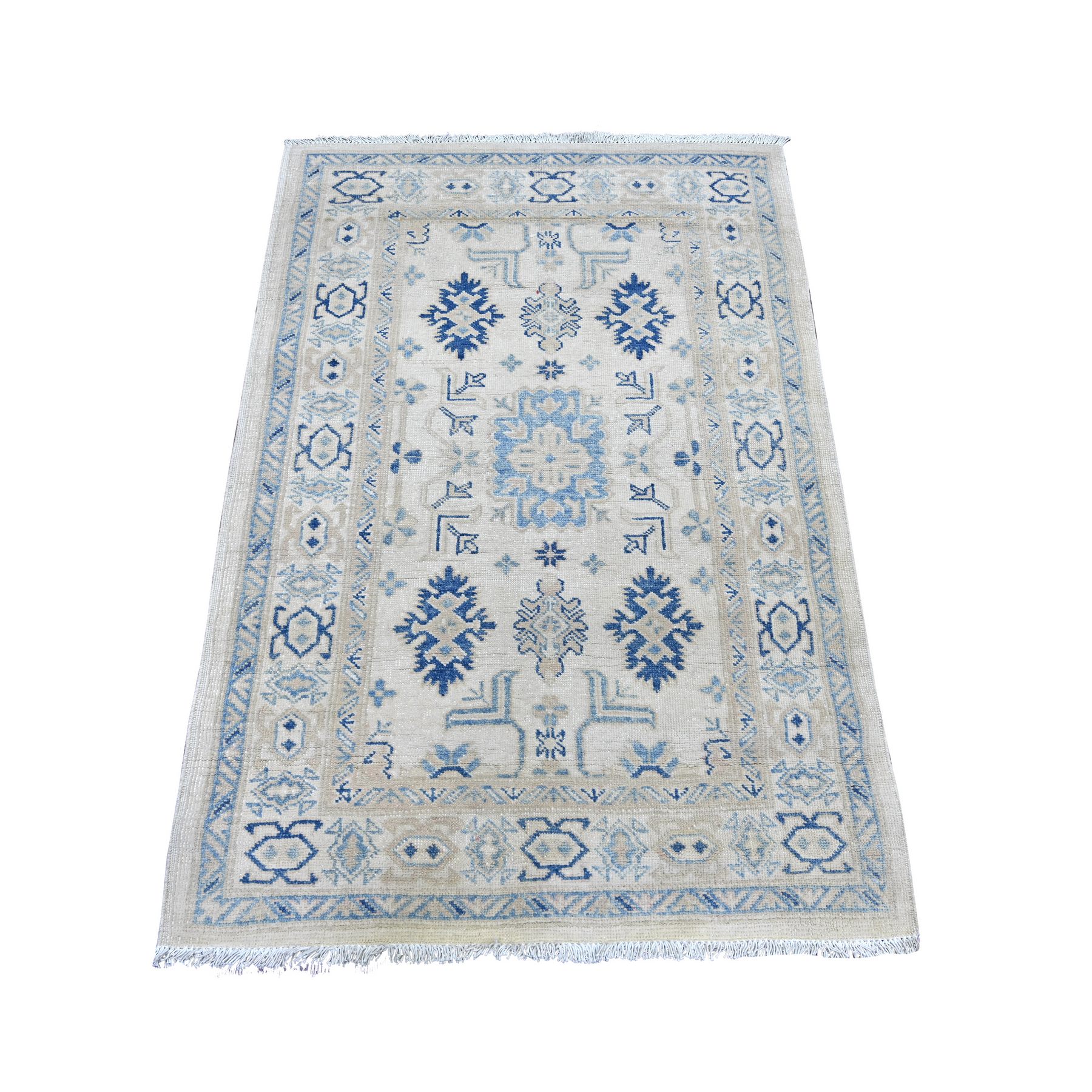 3'2"x4'8" Alabaster White, Vintage Look Kazak with Tribal Design, 100% Wool, Hand Knotted, Natural Dyes, Oriental Rug 